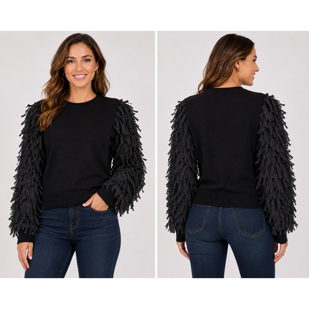 Joseph A Black Fringe Long Sleeve Crew Neck Sweater Size L NWT 3188
